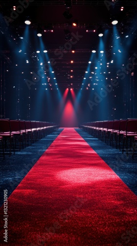 Catwalk lined with chairs and bright stage lights creates an elegant fashion show atmosphere