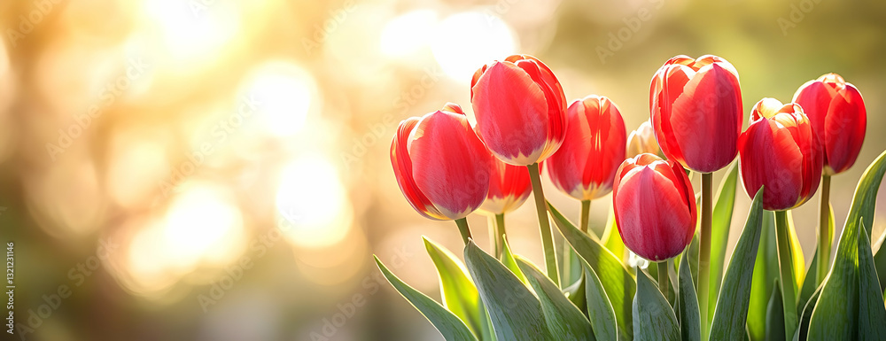 Fototapeta premium Red tulips sunrise garden spring