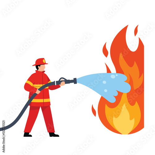 Firefighter actively extinguishing flames with hose in flat vector art