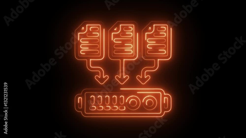 Glowing neon data collecting  icon isolated on black background. HD Video motion graphic animation
