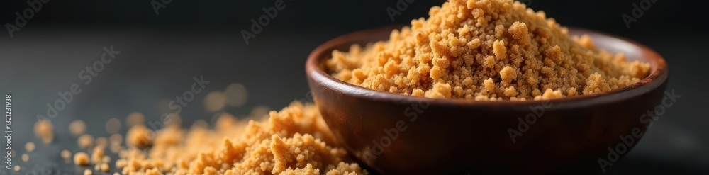 Dark stained bowl filled with coarse brown sugar crystals, wooden, bowl Dark stained bowl filled with coarse brown sugar crystals, wooden, bowl