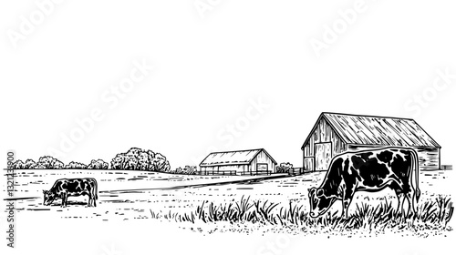 Rustic farm landscape with grazing cows and traditional barns in a peaceful rural setting