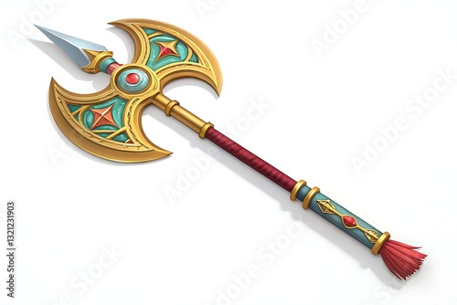 A Regal, Double-bladed Battle-axe, Adorned With Turquoise And Gold Detailing, A Symbol Of Ancient Power And Authority, Sharply Rendered With A Crimson Shaft And Decorative Tassel photo