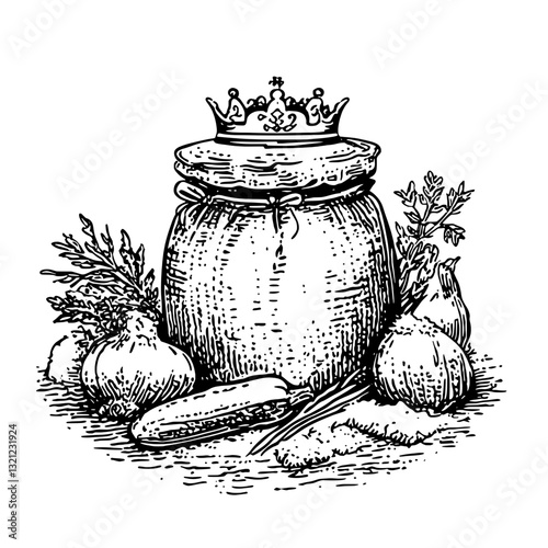 Engraved illustration of a vintage jar with a crown surrounded by vegetables, perfect for elegant tattoo designs