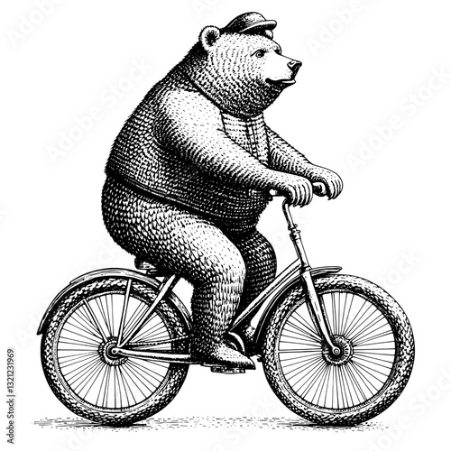 Expressive bear rides a bicycle in a whimsical and detailed engraved illustration