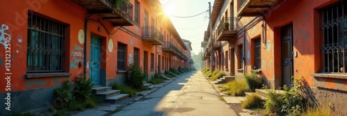 Distressed urban scene bathed in sunlight, contrasting textures , vintage, brick