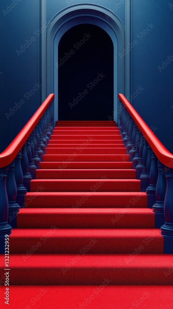 Obraz premium Vibrant red carpeted stairs leading to a dark doorway in a striking blue interior space