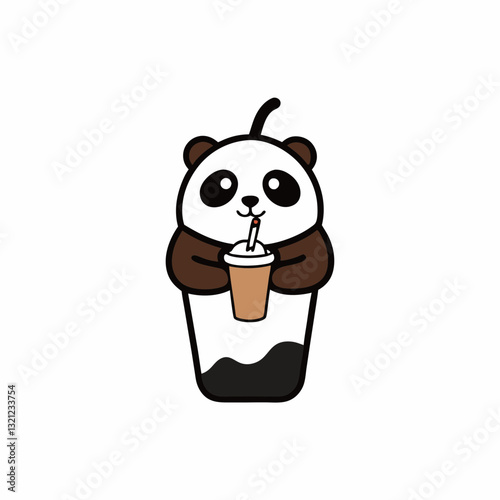 A chubby panda sipping an iced coffee through a straw