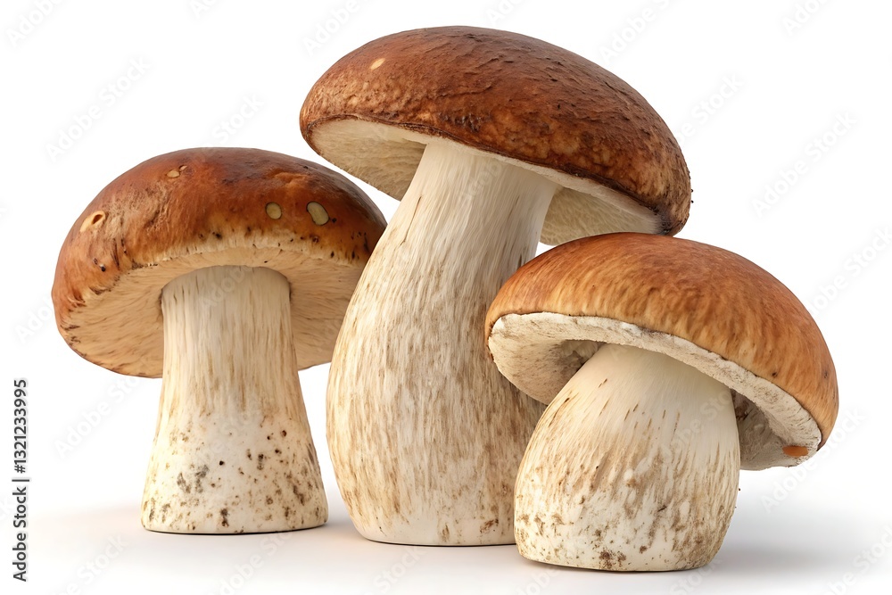 A Trio Of Plump, Earthy Porcini Mushrooms, Their Rich Brown Caps And Creamy White Stems Promising A Delectable Autumnal Feast, Displayed Against A Stark White Backdrop
