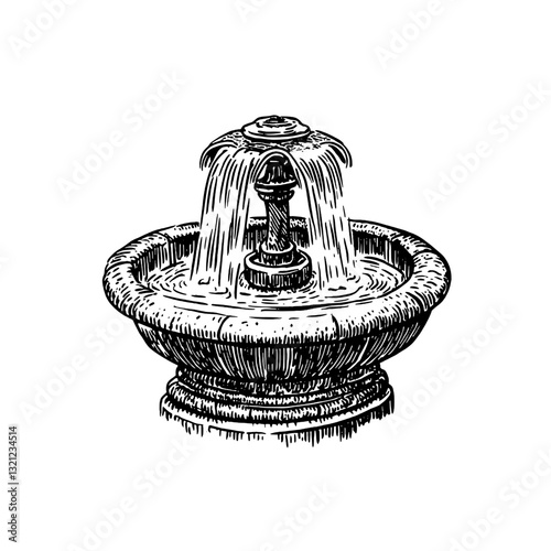 Elegant engraved fountain design showcasing flowing water, perfect for tattoo inspiration or artistic packaging concepts