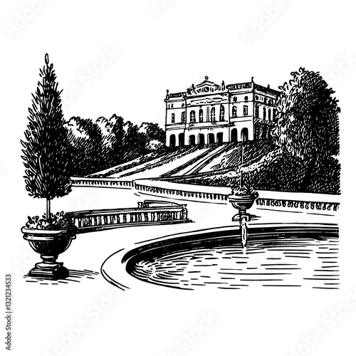 Elegant historic mansion set amid lush gardens and tranquil water features captures the essence of a bygone era in engraved style