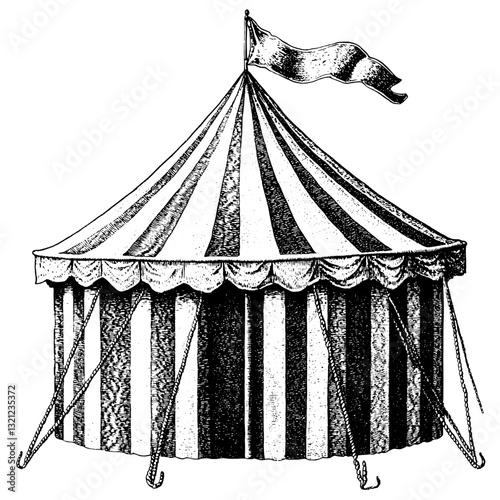 Intricate striped tent design perfect for vintage tattoos and unique packaging concepts featuring classic carnival flair