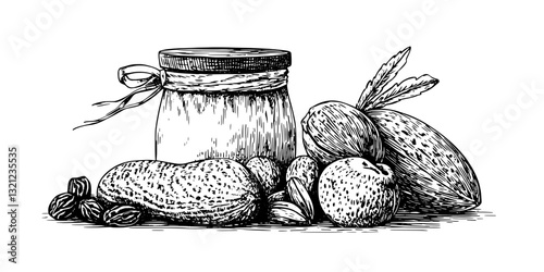 Engraved vector illustration of a jar and various fruits conveying the essence of natural packaging design for artistic tattoo ideas
