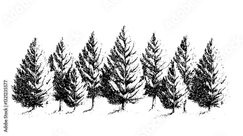 Elegant engraved illustration of tall evergreen trees for artistic tattoo designs and unique packaging concepts