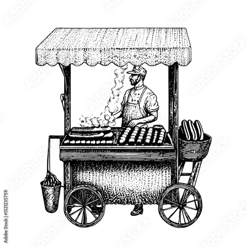 Crafting delicious street food at a vintage vendor cart in a bustling market setting