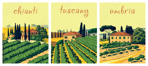 Set of 3 countryside scenery farmland landscapes in Tuscany, Chianti and Umbria, Italy. Handmade drawing vector illustration. Vintage style. Engraved old sketch style colorful vector.