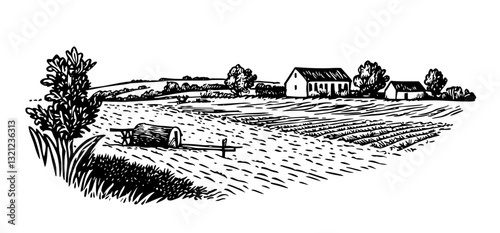 Rustic farm landscape showcasing rolling fields, a quaint house, and agricultural life in a tranquil setting