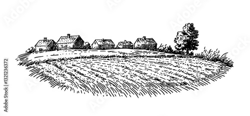 Rustic village landscape with engraved houses nestled among rolling hills and vibrant fields