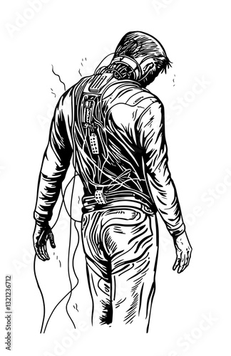 Innovative tattoo design featuring a human figure entangled in wires symbolizing connection and disconnection in modern life