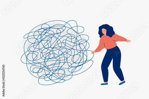happy girl unravels a tangle of problems. overcome depression and anxiety thoughts. mental health care and positivity mindset. vector illustration