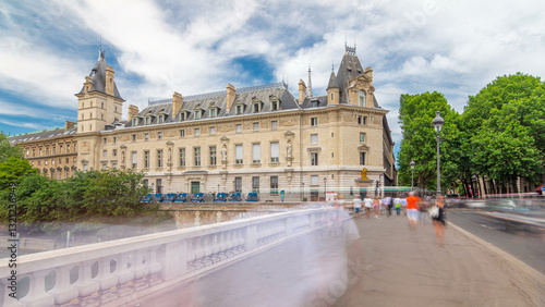Building of Cour de cassation and traffic on Saint-Michel bridge timelapse hyperlapse in Paris, France