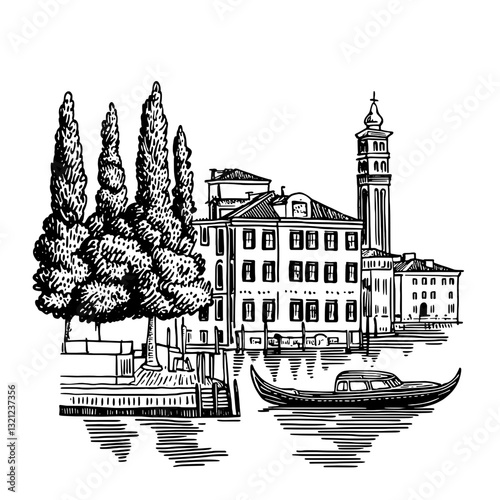 Engraved vector illustration of an elegant Italian waterfront with cypress trees and a classic gondola at sunset