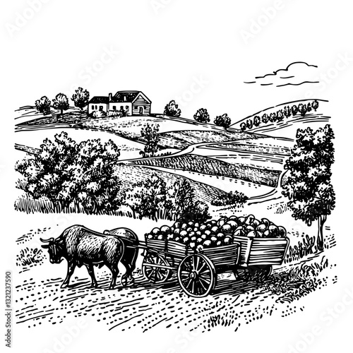 Rustic farm scene with a bull pulling a cart filled with apples towards a picturesque homestead