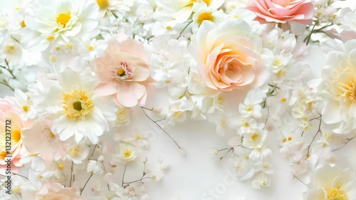 A delicate floral arrangement of white, cream, and light peach flowers placed along the edges of the frame, forming a beautiful border for text