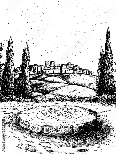 Engraved stone altar under the sun with a village in the background, symbolizing mystical traditions and serene landscapes