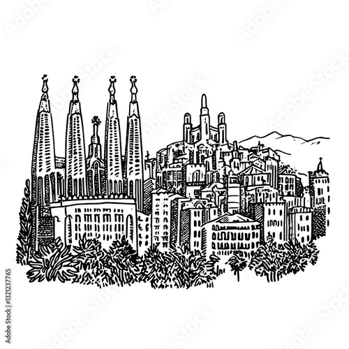 Captivating engraved illustration of a vibrant city skyline with iconic architecture and mountainous backdrop at dusk
