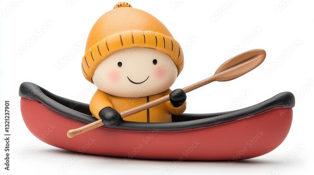 Cheerful Child Figurine Paddling Red Canoe Against White Background Cheerful Child Figurine Paddling Red Canoe Against White Background