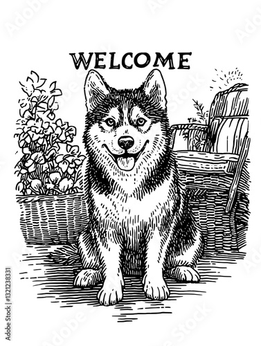Engraved illustration of a smiling dog welcoming visitors in a cozy garden setting