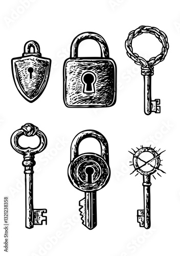 Intricate engraved vector illustrations of keys and locks for diverse artistic and packaging projects
