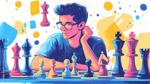 
A guy learning to play chess, with large, colorful sketches of pieces and strategy icons