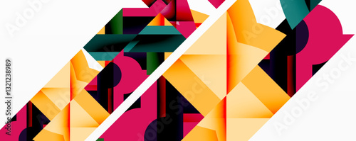 Abstract geometric artwork with interwoven angular and curved shapes, dynamic composition with smooth gradients and bold contrasts