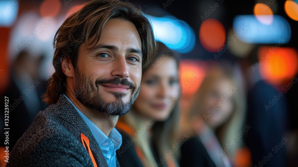 Fototapeta premium Smiling man attends networking event with professionals in background at urban venue in evening