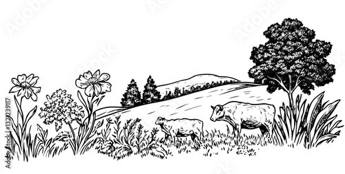 Engraved vector illustration of serene countryside with cows grazing amidst wildflowers in a tranquil setting