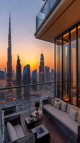 Luxury apartment balcony sunset Dubai view.