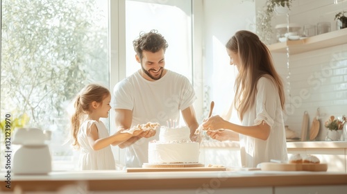 Family enjoys a joyful celebration while decorating a birthday cake in a bright kitchen on a sunny day