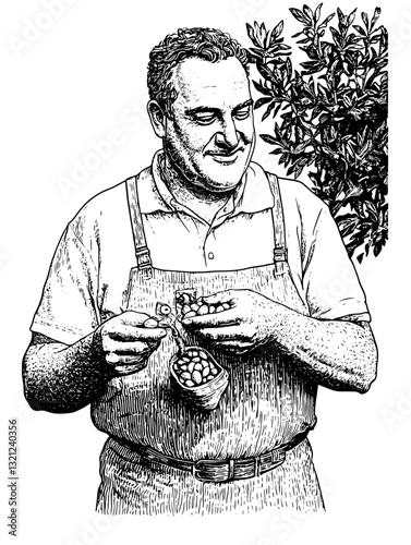 Craftsman Engaged in Fine Art of Engraving with a Basket of Oranges Amidst a Lush Landscape