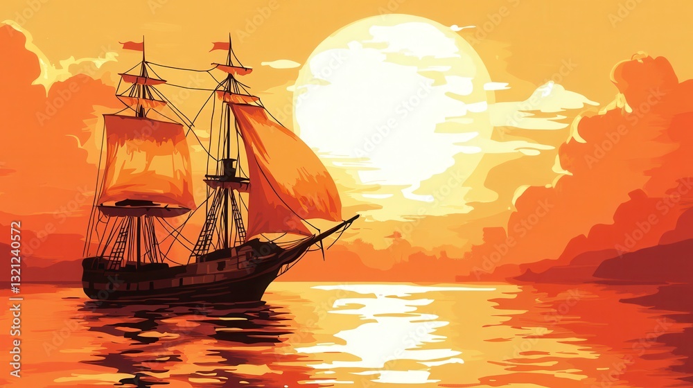 Naklejka premium Majestic Sailing Ship at Sunset Ocean Voyage: A Golden Hour Masterpiece
