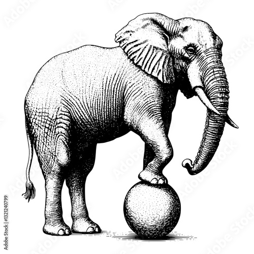 Engraved illustration of an elephant balancing on a ball in a whimsical tattoo style for creative packaging designs