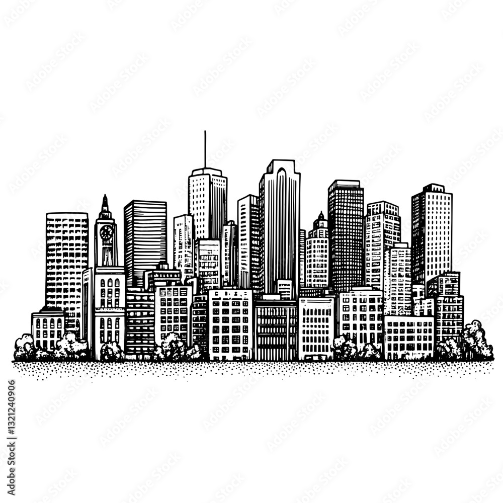 Fototapeta premium Vibrant city skyline illustration showcasing intricate architectural details and urban life essence ideal for tattoos and packaging designs