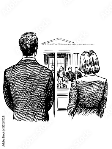 Two figures stand in a courtroom, their backs turned to the viewer, as they witness a trial unfolding
