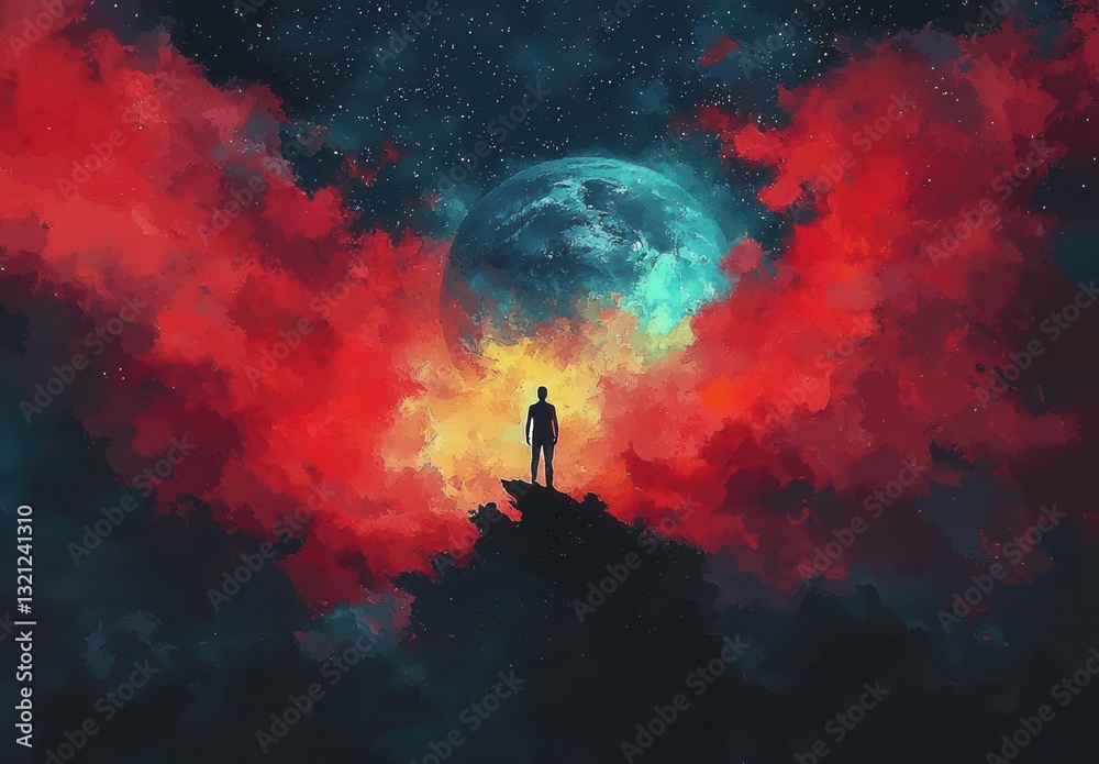 Obraz premium A solitary figure stands against a cosmic backdrop of vibrant colors and celestial wonders, evoking deep introspection. Copy space, commercial use