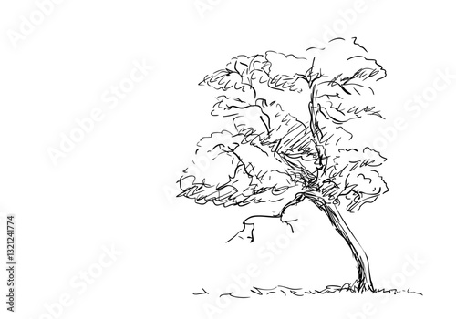 Tree sketch in a hand-drawn style, slightly leaning with a rough trunk and a dry branch protruding from its leafy crown. Black ink strokes on a white background, isolated vector illustration
