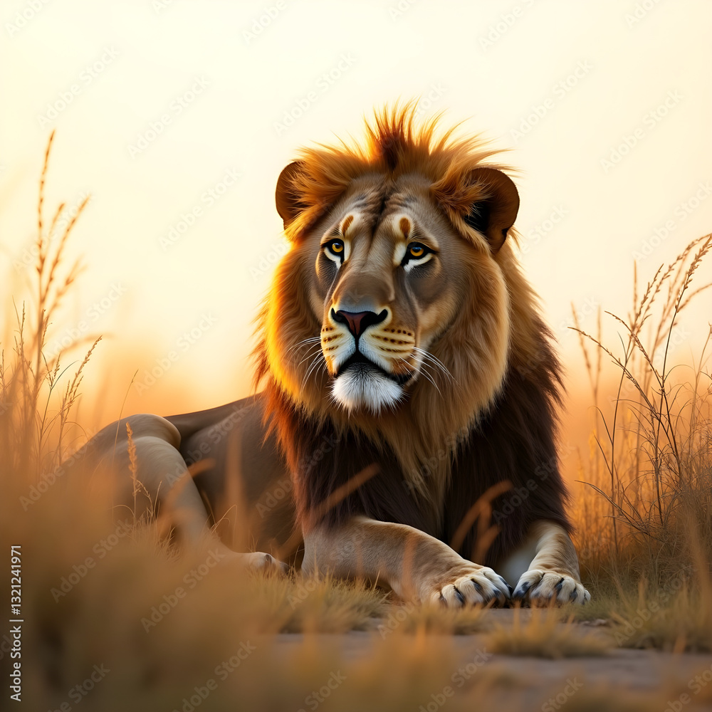 Obraz premium a majestic lion lying in the tall grass of the African savanna, the golden light of the setting sun casting long shadows, realistic detail on white background.