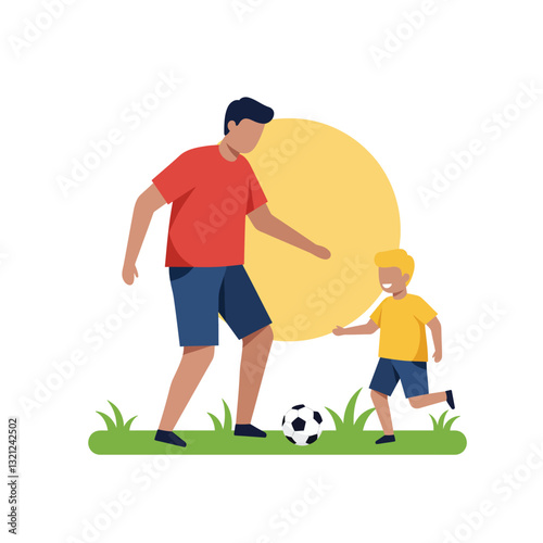 Father and son playing soccer in vibrant flat design vector illustration