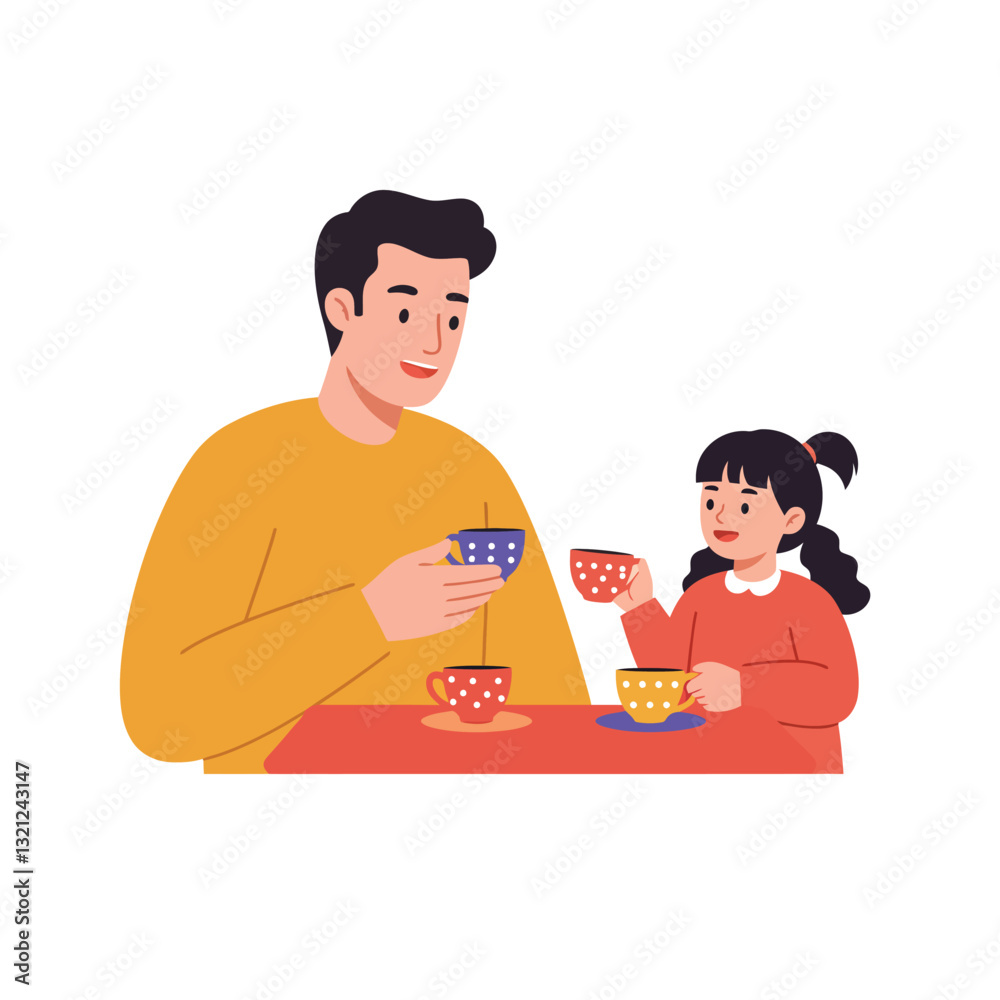 Father and daughter enjoying tea time in flat minimal vector art Father and daughter enjoying tea time in flat minimal vector art