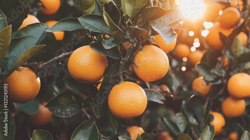 Close-up of a tree with a bunch of oranges hanging from its branches. the oranges are bright orange in color and appear to be ripe and ready to be picked.
